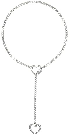BEARJIA Heart O-ring Slip Chain Necklace for Women, Stainless Steel Cuban Chain Heart Necklace Punk Rock Collar Necklace Handmade Adjustable Lariat Y Necklace for Men, 34inch, Stainless Steel, No