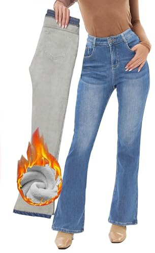 Fakanhui Jeans con forro polar para mujer, acampanados, corte de bota, térmicos con forro de franela, pantalones de mezclilla cálidos, Azul claro, Medium