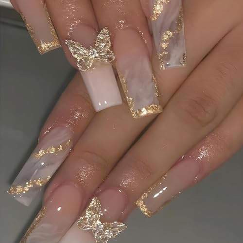 Hebterrka 24 Stück Gold Glitter Press on Nails Lange Quadratische Kunstnägel Glänzende Ombre Acrylnägel mit 3D Schmetterlingsdesigns, Glitzernde Goldene Sargnägel