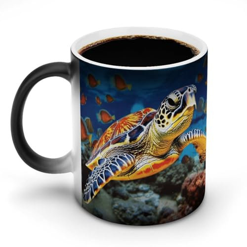 GFLFMXZW Bunte Meeresschildkröte, Keramik-Kaffeetasse, Farbwechsel, Verfärbung, Tasse, hitzeempfindliche Tasse, lustige Kaffeetassen, magische Teetasse, Geschenk für Geburtstag, Männer und Frauen