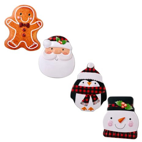 BUGUUYO Christmas Tinplate Candy Box and Cookie Container 4pcs Set with Snowman, Gingerbread, Penguin, Elderly Figures – Small Festive Storage Tins for Holiday Treats and Packaging