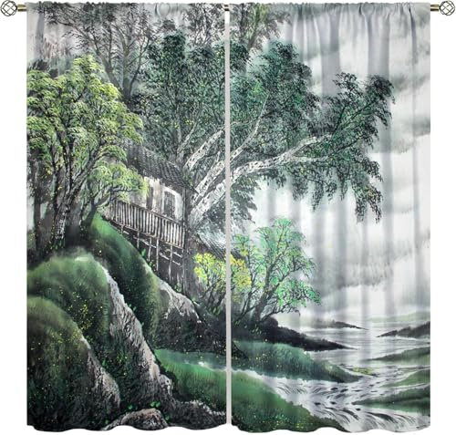Pencil Pleat Blackout Curtains Trees Waterfall Landscape 140X160 Cm (W + H) Indoor Blackout Curtain, 3D Thermo-Insulating Window Curtains Polyester Material Bedroom Drapes Blackout Curtains-112041758