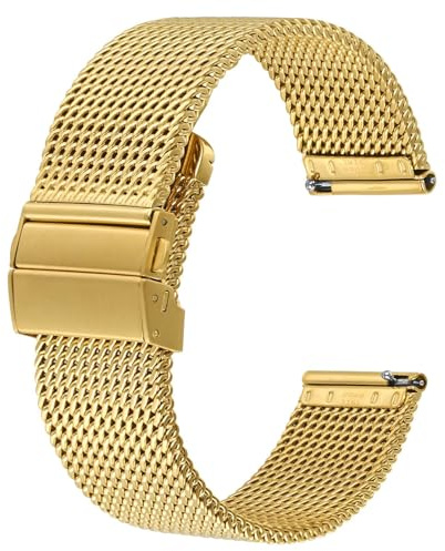 BISONSTRAP Metall Uhrenarmband, Faltschließe, 316L Edelstahl Mesh Armband, Schnellverschluss Ersatzarmband für Damen und Herren, 20mm, Gold