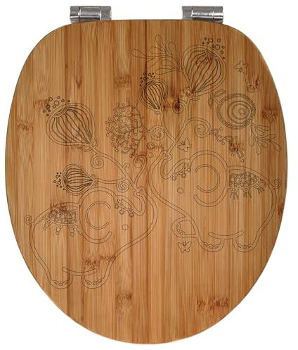 banjado® Hochwertig gravierter Design WC Sitz Bambus Absenkautomatik Indische Elefanten/Toilettendeckel mit Absenkautomatik Holz/Bambus Klodeckel/WC-Sitz für alle gängigen Toiletten
