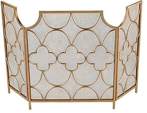 Fireplace Screen Extra Large 3 Panel Fire Guard Screens Decor Protector, Foldable Wrought Iron Spark Guard Fence for Fireplace/Stoves/Grills, Gold Tall 30 inch