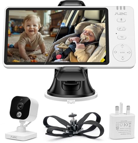APPS2Car Baby Monitor for Car and Home,HD 1080P Car Baby Camera with 5'' Display for Rear Seat,Plug and Play,Wide View Angle,Baby Monitor with Night Vision,Temperature Sensor,2-WayTalk & 8 Lullabies