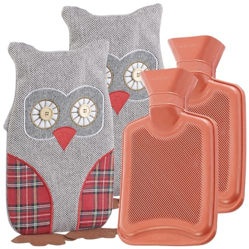 infactory Motiv-Wärmeflasche: 2er-Set Kinder-Wärmflaschen mit Eulen-Bezug, 1 Liter (Trockner-geeignete Wärmflasche, Wärmeflasche mit Flauschbezug, Waschmaschine)