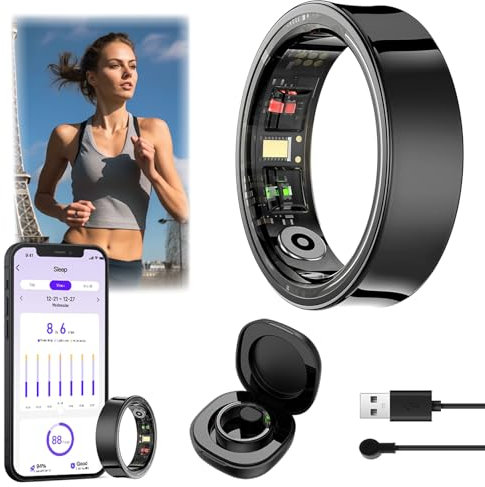 Lizzbeoal Smart Ring for Men Women, Fitness Tracker Ring, Health Ring with Heart Rate, Blood Oxygen, Sleep Tracker, 5ATM Waterproof for Android and iOS, Size 10, Black