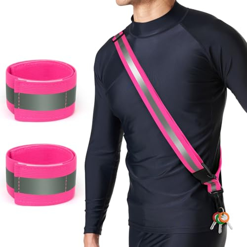 Simket Reflektoren Gürtel für Joggen, Hochsichtbare Verstellbar Nacht Sicherheitslicht Laufgürtel mit 2 Stück Reflektierenden Armband für Männer Frauen Kinder