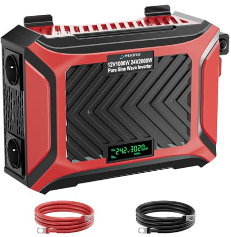 Convertisseur Universel Double Tension 1000W/2000W Pur Sinus Onduleur 12V/24V vers 230V avec système de détection Intelligent Puissance de crête 2000W/4000W, Transformateur avec LCD