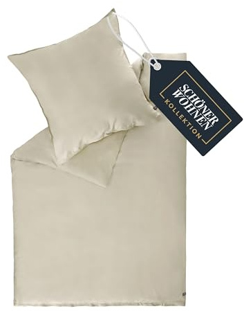 SCHÖNER WOHNEN Satin Bettwäsche 200x200 Baumwolle Beige - Luxus Bettwäsche-Set 2teilig - weich & atmungsaktiv - 1x Bettwäschebezug & 2X Kopfkissenbezug 80x80cm Frühling Duvet Cover Set - ÖKO-TEX