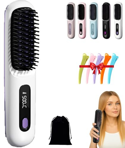 Go Brush Pro, Cepillo Térmico para Cabello Corto, Plancha de Pelo Portátil, Peine Inalámbrico Recargable, 2 en 1 para Alisar y Rizar, 3 Ajustes de Temperatura, Calentamiento Rápido (Blanco)