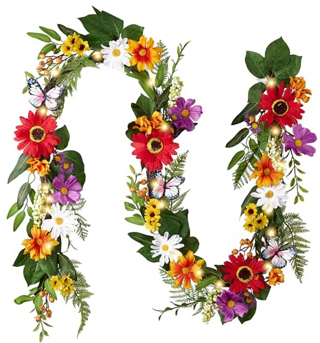 Valery Madelyn 6FT Spring Garland for Mantle, Artificial Flower Garland with Daisy Leaves Butterfly for Home, Fireplace Garland with Lights Backdrop Decor