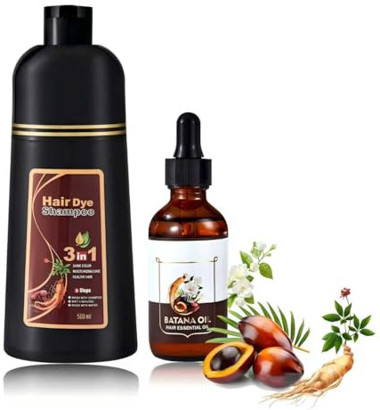 Champú Colorante para Cabello Marrón, 500ml Champú Colorante Instantáneo + 50ml Aceite Capilar, Kit de Coloración Duradera y Cuidado Capilar para Hombres y Mujeres