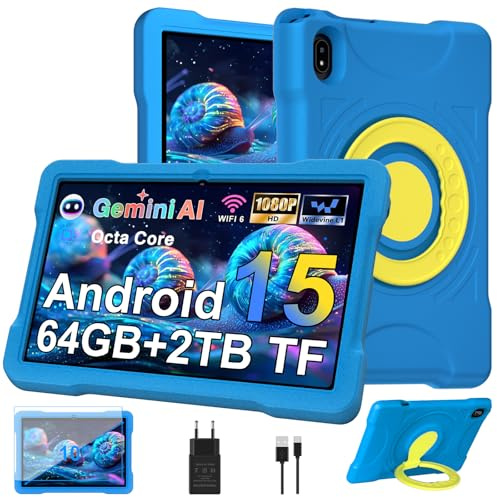 Android 15 Tablette 10 Pouces avec 30Go RAM+TF 2To,Octa-Core/GMS,Gemini AI/Widevine L1,WiFi 6/Bluetooth 5.0,5MP+8MP/FHD IPS,Contrôle Parental Tablette Éducative avec EVA Cas+360° Rotatif Support-Bleu