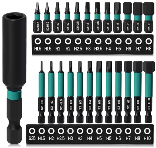 CYLBAQ Juego de brocas Allen de impacto de 25 mm + 60 mm, 25 piezas de llaves Alan para taladro H1.5-H10, juego de brocas hexagonales métricas de impacto Allen de 1/4 pulgadas con soporte magnético