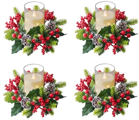 4 Stück Weihnachts Kerzenringe Tischdeko 20cm Künstlicher Tannenkranz mit Roten Beeren Kranz Weihnachtsdeko Kerzenkranz Weihnachten Kerzenhalter Dekoration für Weihnachten Tisch Dekoration (C)