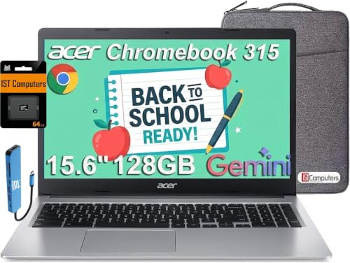 acer Laptop Chromebook 315 (39.6 cm FHD, Intel Celeron N4500, 4 GB de RAM, 128 GB de almacenamiento (eMMC de 64 GB + tarjeta SD de 64 GB) para hogar y estudiantes, batería de larga duración, KB