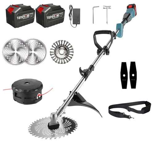 Rasentrimmer mit Akku und Ladegerät, Rasentrimmer für Makita Akku 18V(MAX 21V), Freischneider Akku-2x4,5Ah Akku, Rasentrimmer mit Unkrautbürste 15cm, Bürstenloser Motor, für Trimmer Garten (Blau)