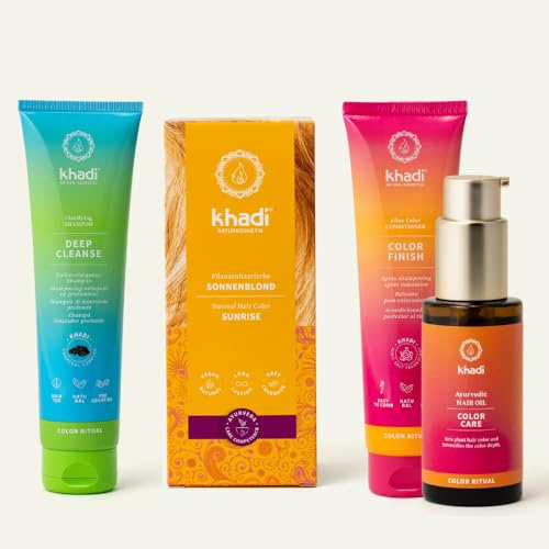khadi Pflanzenhaarfarben ColorCycle Bundle – SONNENBLOND Pflanzenhaarfarbe + Deep Cleanse Shampoo + Color Finish Conditioner + Color Care Haaröl