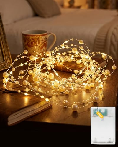 AdalyRoma Perlen Lichterkette mit Timer, Warmweiß, 5m 50 LED | Perlengirlanden, Batteriebetrieben, Für Hochzeit, Valentinstag, Party Deko