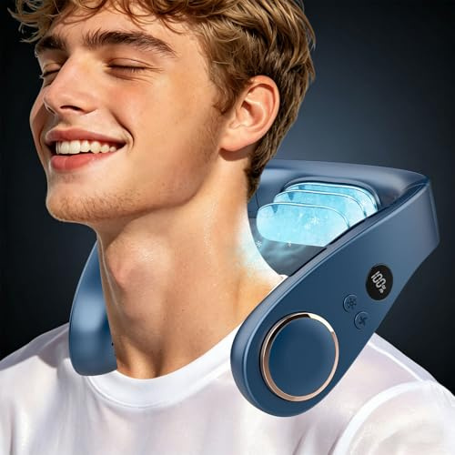 Neck Fan with Cooling Plate,Powerful Cooling 5500mAh 24H Long Battery,5 Speeds Portable AC Cooler Function,LED Display USB Hands Free Bladeless Wearable for Men Women Kids Office Home Travel Azure