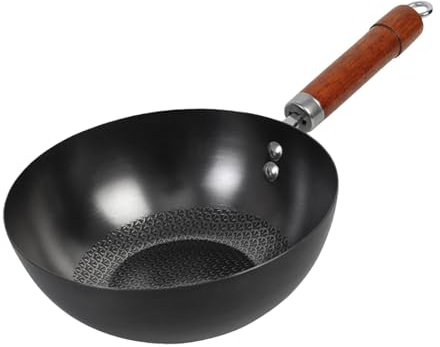Yunmeryker Wok Padella Antiaderente in Ferro Naturale Senza Rivestimenti Padella Piatta per Friggere Padella Versatile Fondo Spesso Manico in Legno Comodo Adatta, Diametro 20 Cm