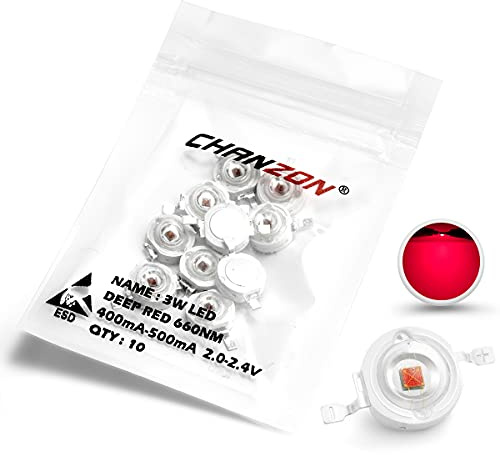 CHANZON 10pcs Puce LED haute puissance 3W rouge profond pour plantes (650 nm-660 nm/entrée 400 mA-500 mA/DC 2 V-2,2 V/3 W) Composants de diode émettrice pour la culture de fleurs hydroponiques DIY