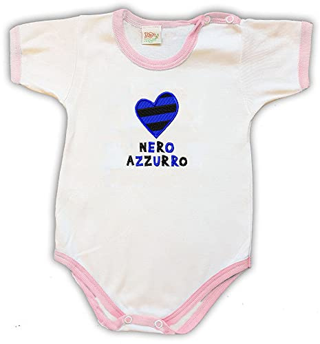 Zigozago - Vit bomull kortärmad bodysuit med blått svart hjärta broderi | Handgjord i Italien | Personlig med namn, blå kant, Rosenröd, 3-6 M�nader