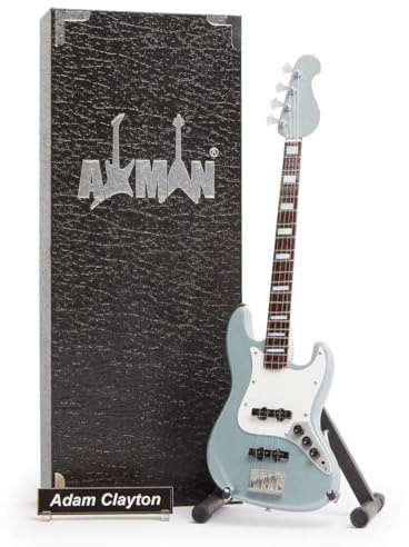 Adam Clayton (U2) – Bass: Miniatur-Gitarren-Nachbildung – Musikgeschenke – Handgefertigte Ornamente im Maßstab 1/4 – inklusive Displaybox, Namensschild und Miniaturständer