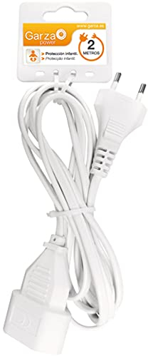 Garza - Cable alargador de corriente doméstico de 2 metros, blanco, con toma de tierra hasta 10 Amperios (2300W)
