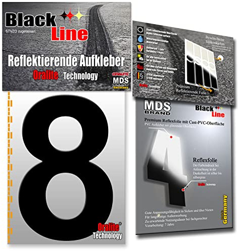 MDS Brand 15cm Design Reflektierende Zahlen Aufkleber | LKW Marking Grade reflektoren für Hausnummer & Mülltonnen | Selbstklebende Klebezahlen & Wetterfest R-15 Schwarz (8)