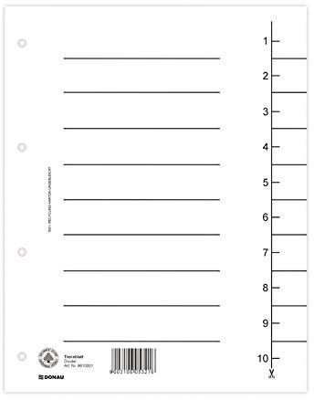 DONAU 8610001-09 100er Pack Trennblätter, Farbe: Weiß/ Karton-Register überbreit Aus Recycling-Karton 250 g/qm mit Linienaufdruck für DIN A4 4-Fach Lochung Trennlaschen Trennblätter Ordner Register