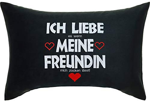 EXPRESS-STICKEREI Gamer Sessel Kissen mit lustigem Spruch 40x60cm Ich Liebe es wenn Meine Freundin Mich zocken lässt Wohnzimmer Dekokissen mit Füllung Sporttasche Zocker Sofakissen | schwarz