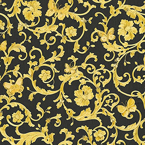 BRICOFLOR Vliestapete | Barock-Tapete Tapete barock - Tapete Diele & Flur - Gelb, Grau, Schwarz/Anthrazit | 10,05 x 0,70 m = Rolle 7.04 m²