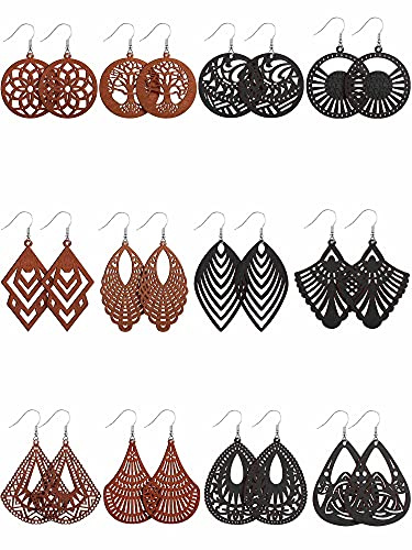MTLEE 12 Pairs African Wooden Dangle Earrings Lightweight Drop Earrings Bohemian Pendant Jewelry Wooden Ornaments(Stylish Style,Black, Brown)