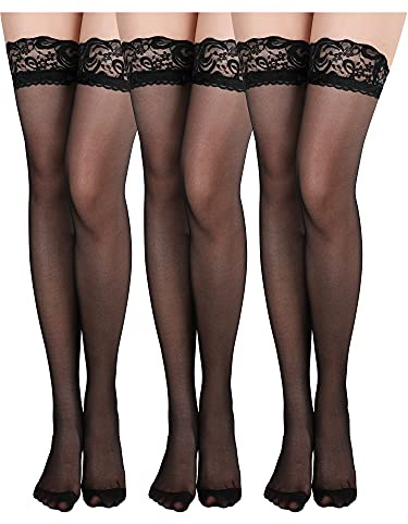 Boao 3 Pairs Women Thigh High Stockings Anti-skid Silicone Lace Stockings Silk Stocking Tights for Women and Girls Supplies (Black, Medium)