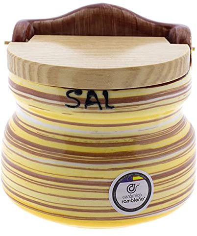 CERÁMICA RAMBLEÑA | Salero cocina | Salero con tapa de madera | Salero cerámica | Salero original | Decoración Modelo 10 | 100% Decorado a Mano