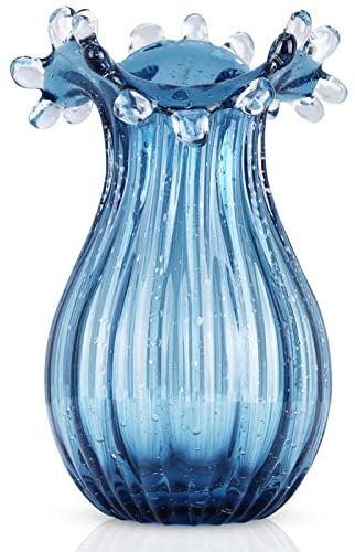 Jarrón de vidrio soplado, azul, transparente, único, arte moderno, boca ancha para sala de estar, boda, mesa de comedor, mesa central de oficina, flor