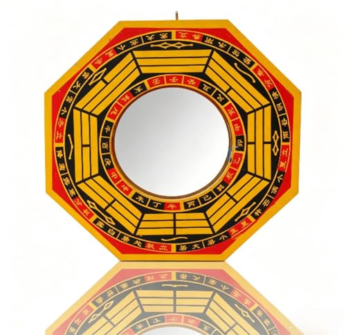 HERCHR Espejo Bagua, Espejo Tradicional Feng Shui de la Suerte, Adorno Colgante de Puerta con Marco de Madera Octogonal para Negocios en el hogar, Buena Suerte