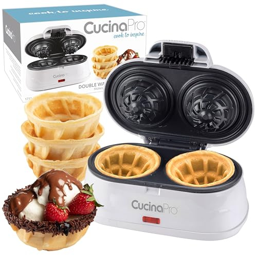 Double Waffle Bowl Maker- Make two 4″ Ice Cream Cone Bowls at Once in Just Minutes- Dessert Appliance for Yogurt Treat, Fruit, Snacks- Nonstick Iron, Easy Clean Electric Kitchen Gadget w Recipe Guide