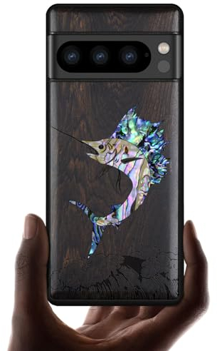 Carveit Coque pour Pixel 8 Pro Étui Bois [Gravure en Bois et Incrustation de Coquille] Luxe Cover et personnalité Compatible avec Google Pixel 8 Pro Etui (Bois Sombre-Marlin en Plein essor)
