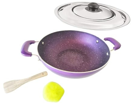Satre Online and Marketing Kadhai - Base de inducción de aluminio antiadherente con tapa de acero, 1 espátula de madera y estropajo de plástico, 1 muesca extra, tamaño n.º 11, color morado