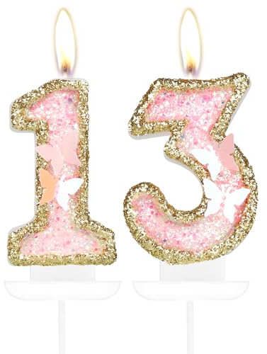 mciskin Fjäril Födelsedagsnummer Ljus i Rosa Guld 13, Cupcake Topper för Tårta, 10-13 Årsdag Dekorationer för Temafest