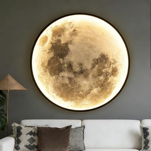 LED Wandleuchte Mond 100cm Übergröße Art Deco Wohnzimmer Lampe Innen Wandlampe Dimmbar mit Fernbedienung Modern Deckenleuchte Ultradünn Rund Wandbeleuchtung für Schlafzimme Treppe Flur Mond Wandlicht