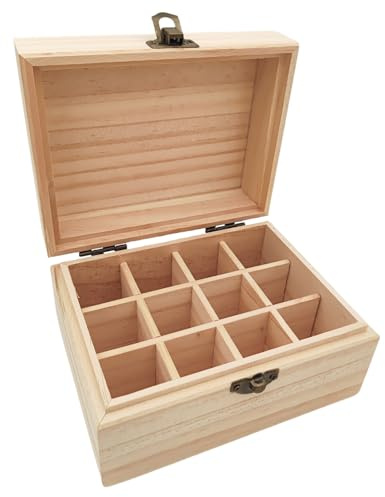 Anktily Omålat obehandlat träförvaringsbox med 12 fack, 15 x 12 x 9 cm, naturlig trälåda med gångjärnslock, för små souvenirer, smycken, tehållare