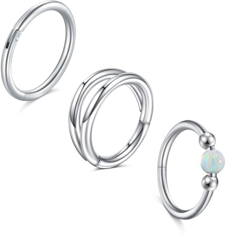 LAURITAMI 3 Stück Nasenpiercing Ring Chirurgenstahl 18G Dünn Nasenpiercing Ring Set,Opal Septum Clicker Ring,8/10mm Helix Conch Knorpel Tragus Nasenpiercing Schmuck