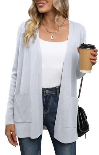 Yommay kofta för kvinnor elegant lös avslappnad lätt kvinnor höst långärmad tröja med fickor, LJUSGRÅ, 3XL plus size