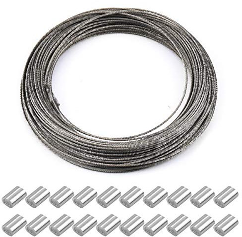 Acciaio Filo Cavo Corda 30m x 1,5 mm, Corda in Acciaio con 20 Pezzi di Manicotto a Crimpare in Alluminio, Fune Acciaio Inox, Filo Stendibiancheria per Esterno