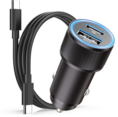 USB C Car Charger Adapter, 60W Fast Charge Cigarette Lighter USB Charger Car Phone Charger Dual Port PD30W+QC30W Car Fast Charger with USB C Cable for iPhone 17/16/15 Series,Samsung Galaxy S25/S24/S23